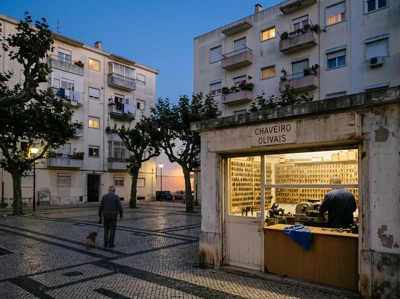 Uma praça de bairro em Lisboa ao anoitecer com uma loja iluminada