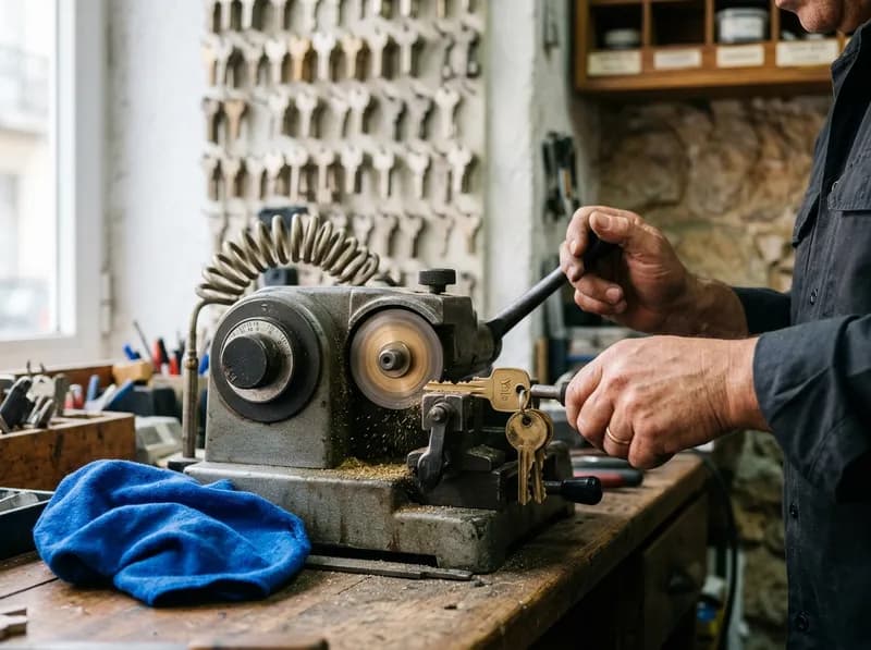 Uma chave a ser cortada numa máquina de duplicação ao balcão