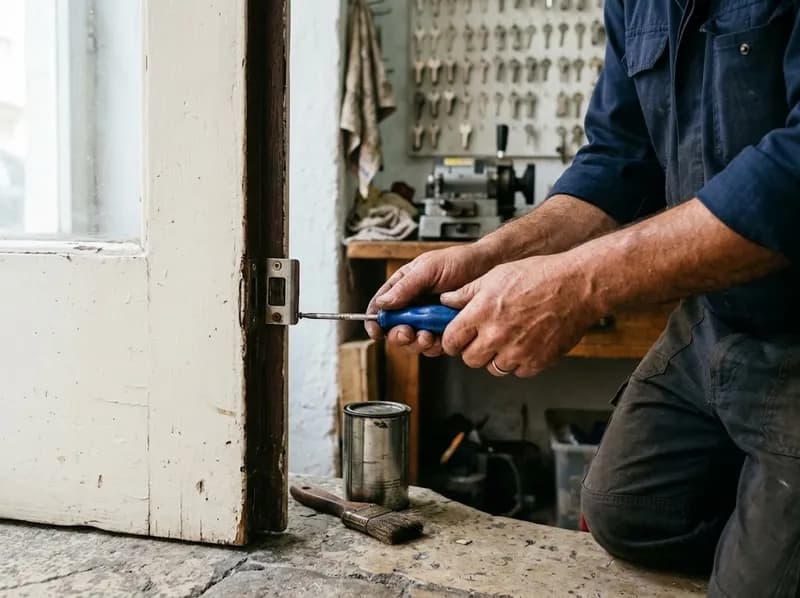 Mãos a ajustar a testa de uma porta com uma chave de fendas