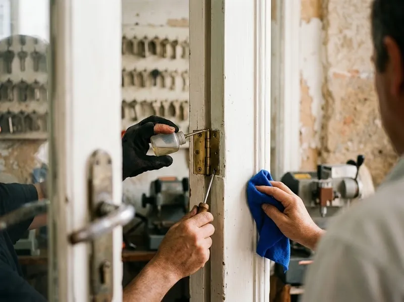 Uma dobradiça de porta a ser lubrificada e apertada